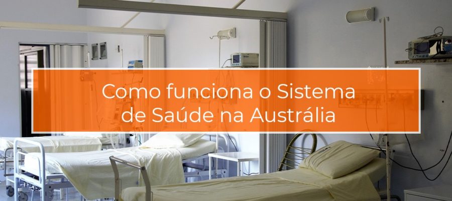 texto escrito como funciona o sistema de saúde na austrália e o fundo de uma sala de emergência de um hospital