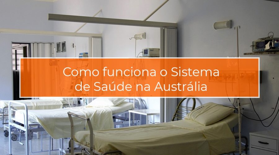 texto escrito como funciona o sistema de saúde na austrália e o fundo de uma sala de emergência de um hospital